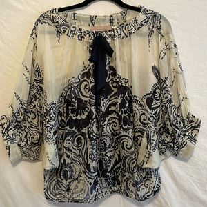 Anthropologie Burlapp Silk Blend Peasant Style Sheer Blouse with 3/4 Sleeved, L